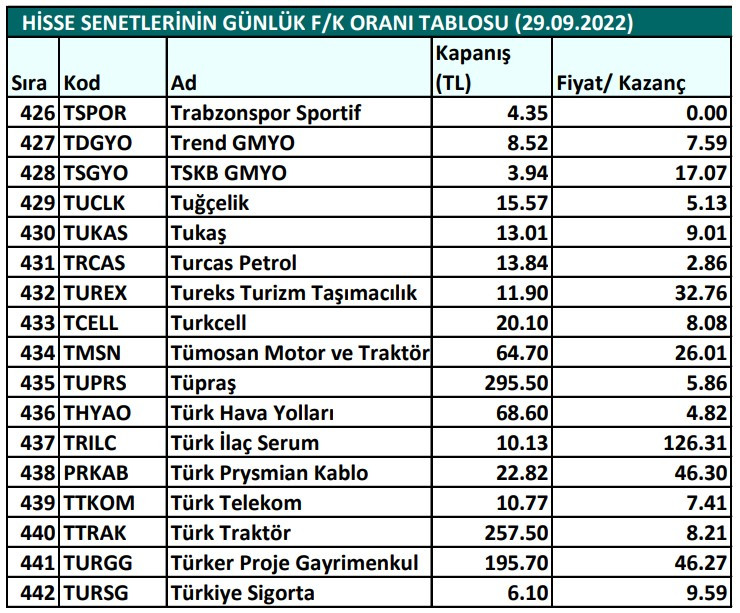 Hisse senetlerinin günlük fiyat-kazanç performansları (29.09.2022)